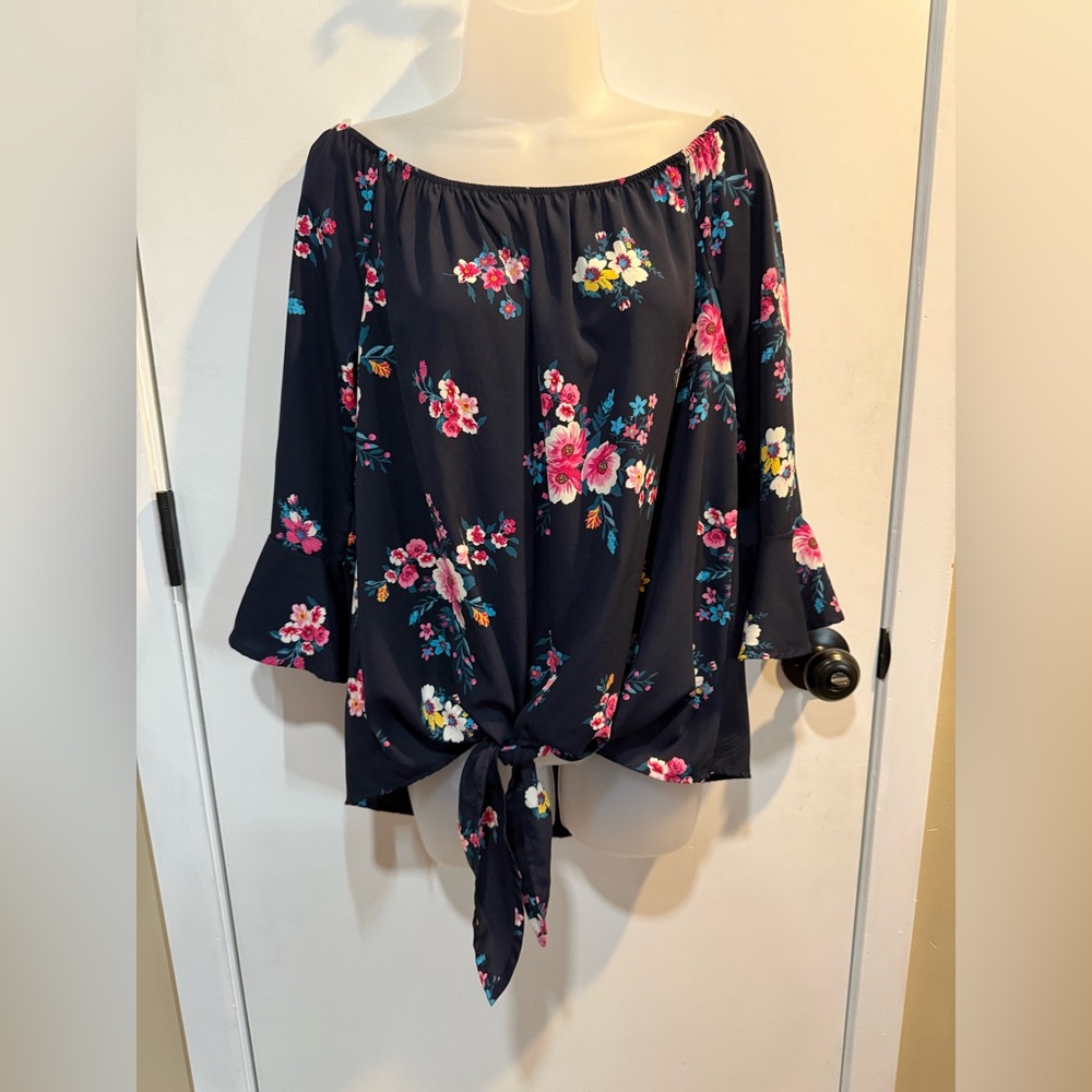 White Birch Floral Tie-Front Blouse-#1394